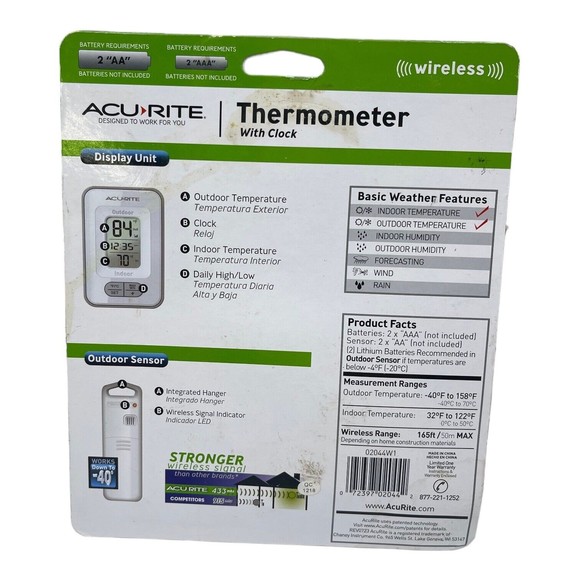 AcuRite Wireless Indoor Outdoor Digital Temperature Thermometer Clock & Memory - Picture 2 of 2